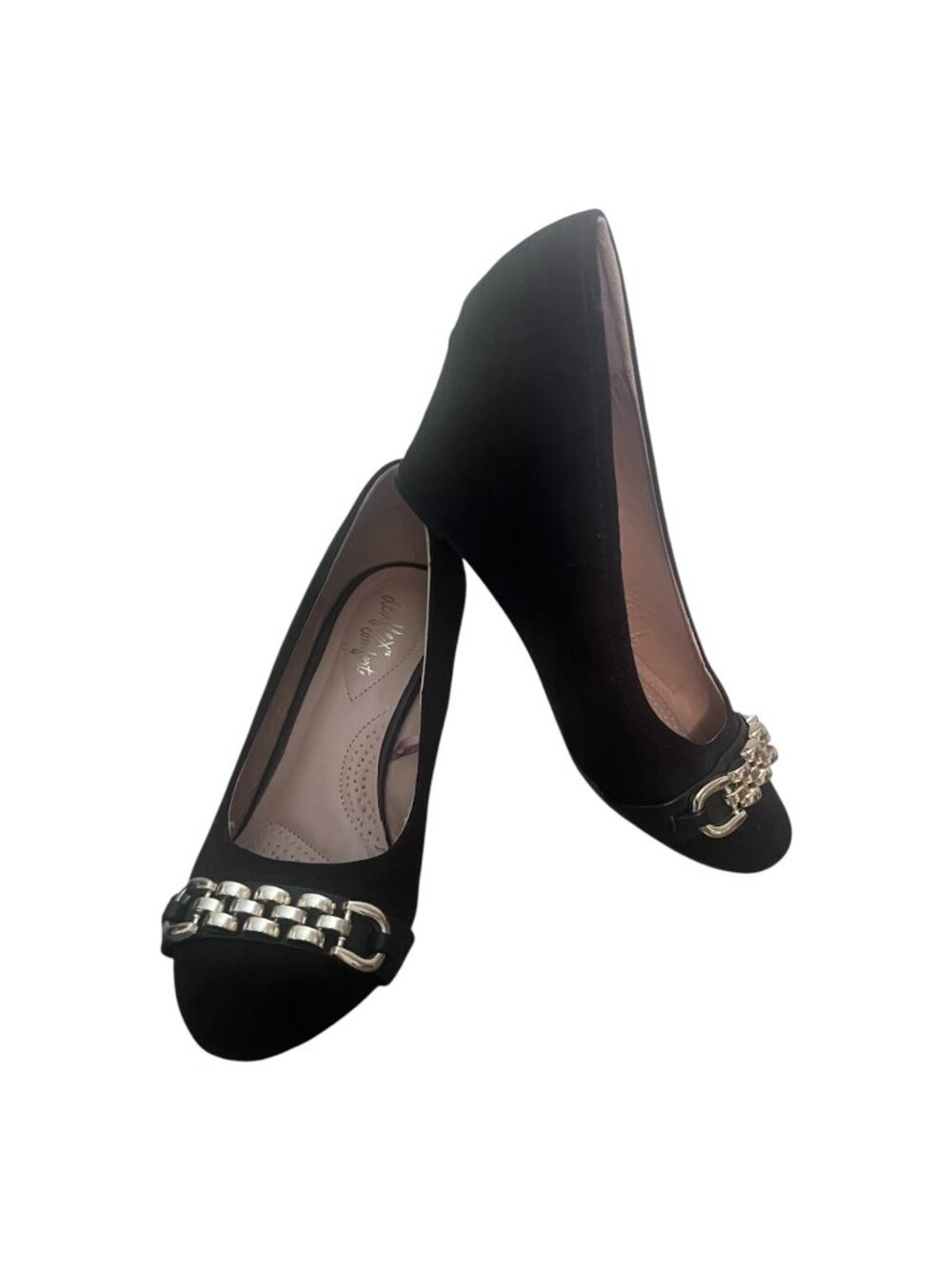 Dexflex Comfort Black Wedge Pumps Womens 7W Silver Chain Detail